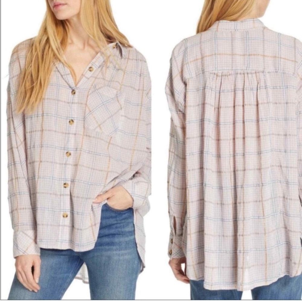 Free People Oversized Checkered Blouse in Pink and Blue